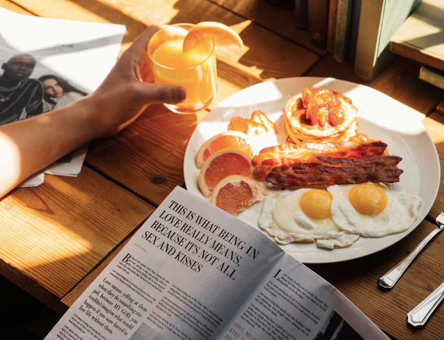 breakfast near window in sunlight